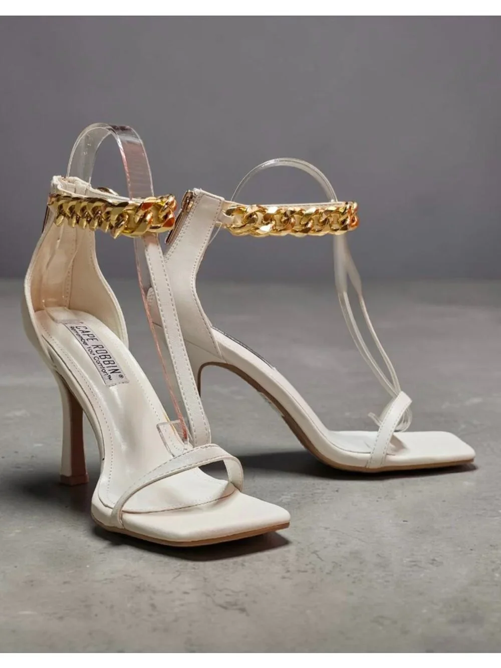 Gold Chain Ankle Strap White High Heel Sandals With Square Toe Stiletto Heel Chi